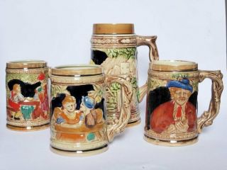 Four German Beer Steins 1960s Vintage Barware,  Hand Painted Oktoberfest Mugs