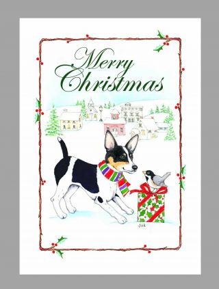 Rat Terrier Dog,  Black & White Christmas Cards,  Box Of 16 Cards & 16 Envelopes