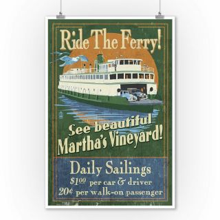 Martha ' s Vineyard,  Massachusetts - Ferry Ride Vintage Sign 9x12 Art Print,  Wall 2