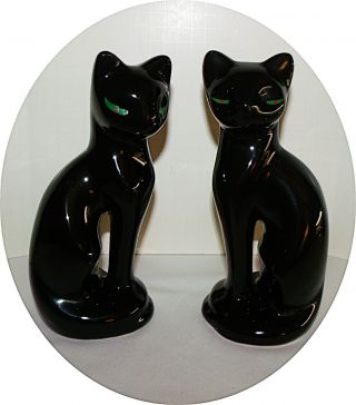 Vintage Black Cats Green Eyed Porcelain / Ceramic Figurines - 8 1/4 " Tall - Vgc
