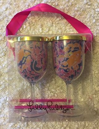 Lilly Pulitzer Wine Tumblers W.  Gold Lids & Pink Straws (lily/ Glasses/ Picnic)