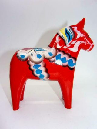 Vintage Swedish Dala Horse 6 1/2  Nils Olsson Wooden Red Hand Painted Carved