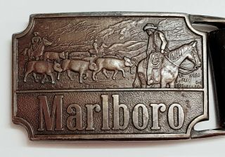 Vintage 1970 ' s Marlboro Man Cigarette Belt Buckle & Leather Belt 2