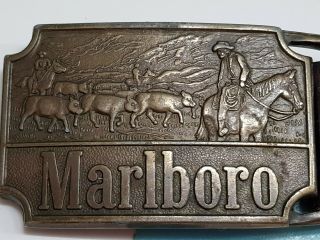 Vintage 1970 ' s Marlboro Man Cigarette Belt Buckle & Leather Belt 3