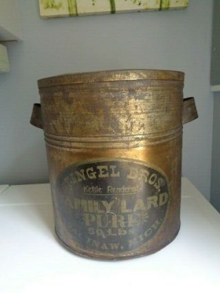 Vintage Pure Lard Tin Can Empty 14 " 50 Lb Stingel Bros Saginaw Mi Rare Antique
