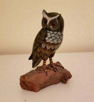 Hand Carved And Painted Wood Long - Eared Owl On Wooden Mount.