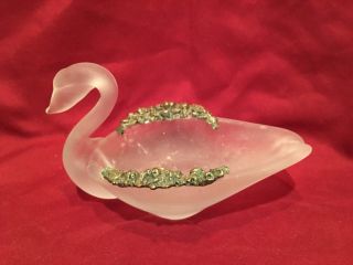 Swan Trinket Soap Dish Frosted Glass Brass Accents Vintage