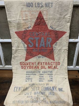 Vintage Old Central Star Brand Feed Sack Central Soya Co Fort Wayne Decatur In