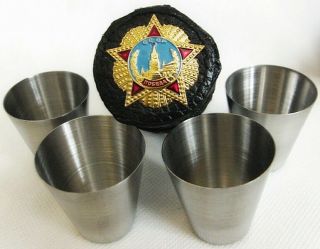 Russian Ussr Vodka Shot Glasses Set Of 4 X 25 Ml In A Case With Metal Badge