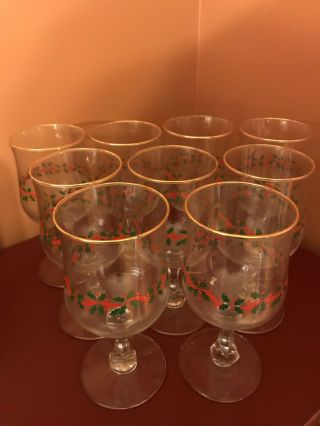 9 Arby’s 1986 Holiday Glasses Bows And Hollyberries Stemmed Wine Glasses
