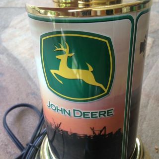 Vtg John Deere Tractor Logo Accent Table Lamp Shade Brass Base Farm Windmill Tin