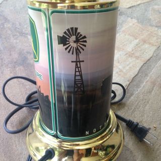 Vtg John Deere Tractor Logo Accent Table Lamp Shade Brass Base Farm Windmill Tin 4