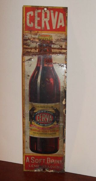 Rare 1920 Vtg CERVA Soft Drink SODA TIN Metal SIGN Lemp Manufacturers St.  Louis 2