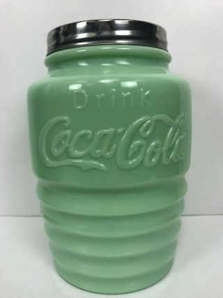 Jadeite Drink Coca - Cola Green Cookie Jar 9 - 1/4 " Tall - Euc