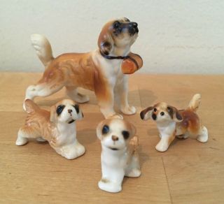 Vintage 4 Piece Bone China Saint Bernard Dog Set Family Adult & 3 Puppies Japan