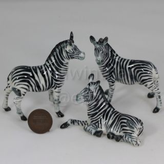 3 Zebra Set Pottery Statue Wild Animal Miniature Ceramic Figurine