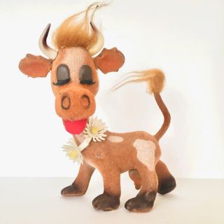 Russ Flocked Brown Cow W/ Plastic Daisies Eyelashes Tongue Out Horns White Spots
