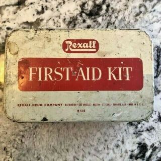 Cool Old Vintage Rexall First Aid Kit Box Metal Tin Can Drug Store Pharmacy