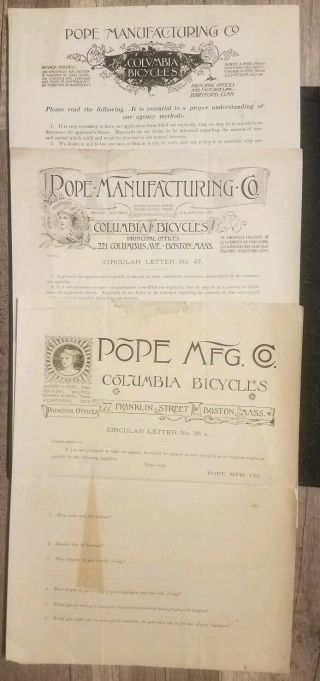 Pope Mfg.  Co Columbia Bicycles Circular Letters No 36a & 47
