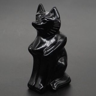 3 " Natural Gemstone Black Obsidian Crystal Hand - Carved Fox Statue Home Decor