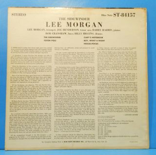LEE MORGAN THE SIDEWINDER LP 1964 STEREO RVG EAR VG/VG, 2