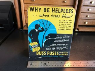 Old Car Graphic 1940s Vintage Buss Fuse Old Gas Station Counter Display Tin Sign
