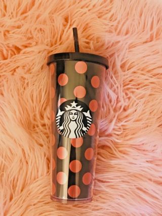 Starbucks Coffee 2017 Rose Gold & Black Polka Dot Cold Cup Tumbler 24 Oz.  V1