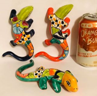 3 Ceramic Pottery Lizards Mexican Talavera Hanging Patio Wall Hang Gecko 4