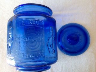 Vintage Blue Planters Mr.  Peanut Jar Salted 5 Cents Pennant Glass Jar W/ Lid