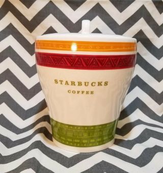 Starbucks Coffee Canister Cookie Jar Container 2005 Aztec Orange Red Green W/lid