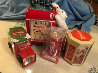 Collectible Coca Cola Ice Box Clock Bank Can Ornament Tin Truck & Round Tin Can