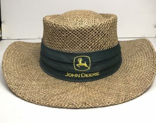 Vintage John Deere Straw Hat One Size Fits All Green Band Yellow Deer Label