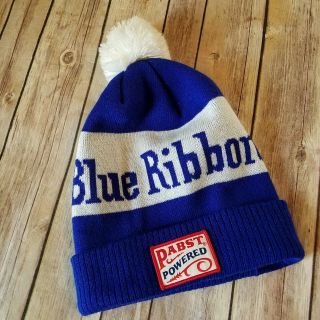 Pabst Blue Ribbon Beer Vtg 90s Stocking Cap Beanie Blue White Pom Pom Unisex