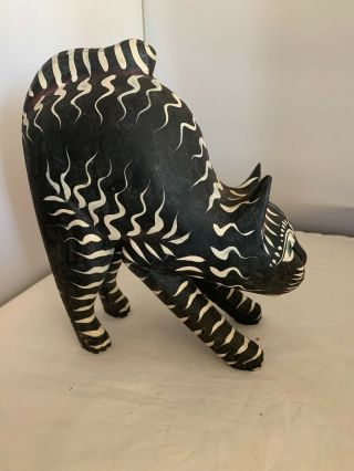 Wood Carved Cat Indonesia Handmade Black And White