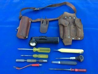 Vintage Bell System Telephone Lineman Tool Belt Pouch With Tools Flashlight Etc