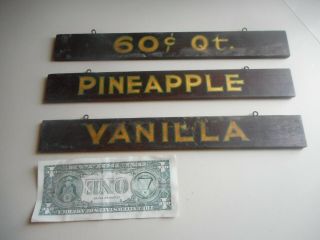 3 Antique Hand Painted Ice Cream Hanging Price & Flavors Signs