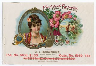 Early Key West Favorite Cigar Box Paper Litho Sample Label O.  L.  Schwencke Ny