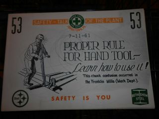 Johnstown Pa 1961 Bethlehem Steel Cardboard Safety Poster