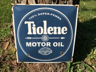 Old " Tiolene Motor Oil " Porcelain Pump Plate Sign,  (12 " X 12 "),