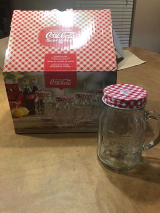 Coca Cola Coke Set Of 4 Mason Jar Glass Mug Mugs W Lid & Straws