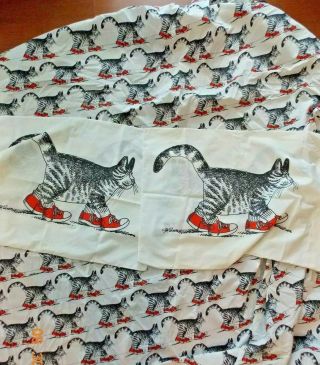 Vintage B Kliban The Cat Red Shoes Double Fitted Sheet With Two Pillow Cases