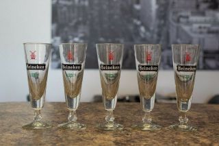 RARE SET of 5 VINTAGE Heineken Beer Tulip Stem Glasses Green Red Windmill LOGO 3