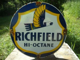 Vintage Richfield Hi - Octane Gasoline Porcelain Enamel Gas Pump Sign