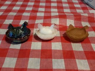 3 Mini Hen On Nest Salt Dips Amethyst Carnival Glass Milk Glass Amber Satin