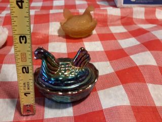3 mini Hen on Nest Salt Dips Amethyst Carnival Glass Milk Glass Amber satin 2