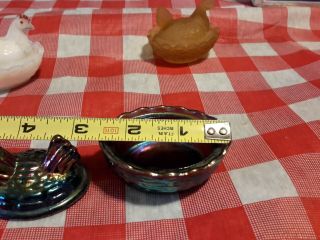 3 mini Hen on Nest Salt Dips Amethyst Carnival Glass Milk Glass Amber satin 3
