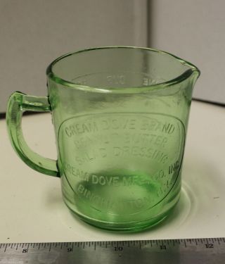 Green Measuring Cup Cream Dove Co.  Binghamton,  Ny Retro Depression Style Glass