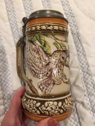 German Lidded Stein Gerz Pewter Topped With Owls