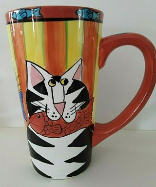Vintage 2000 Catzilla Yellow Orange Stripe Cats Fish Tall 16oz Mug Cup