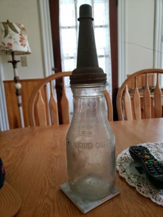1940s Era Antique Vintage Embossed Glass 1 Qt Motor Oil Bottle W/ Master Spout 6